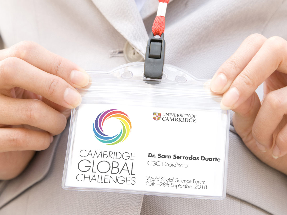 Conference badge design for Cambridge Global Challenges